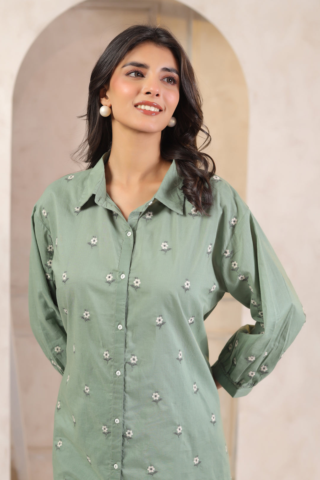 Green Cotton Embroidered Designer Shirt Top