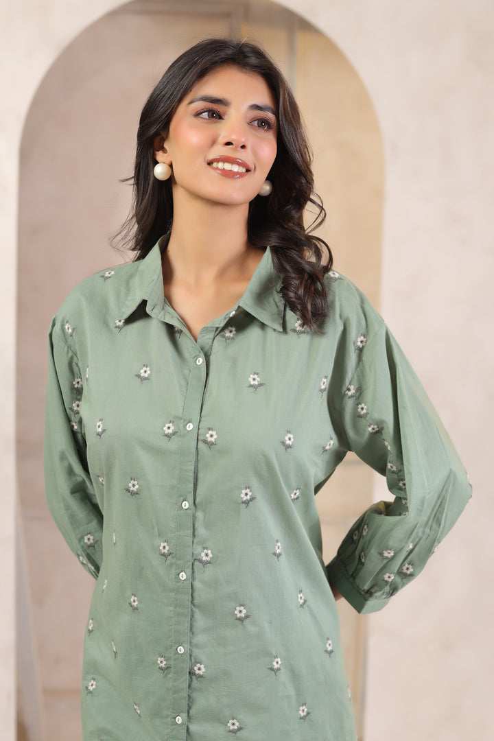 Green Cotton Embroidered Designer Shirt Top