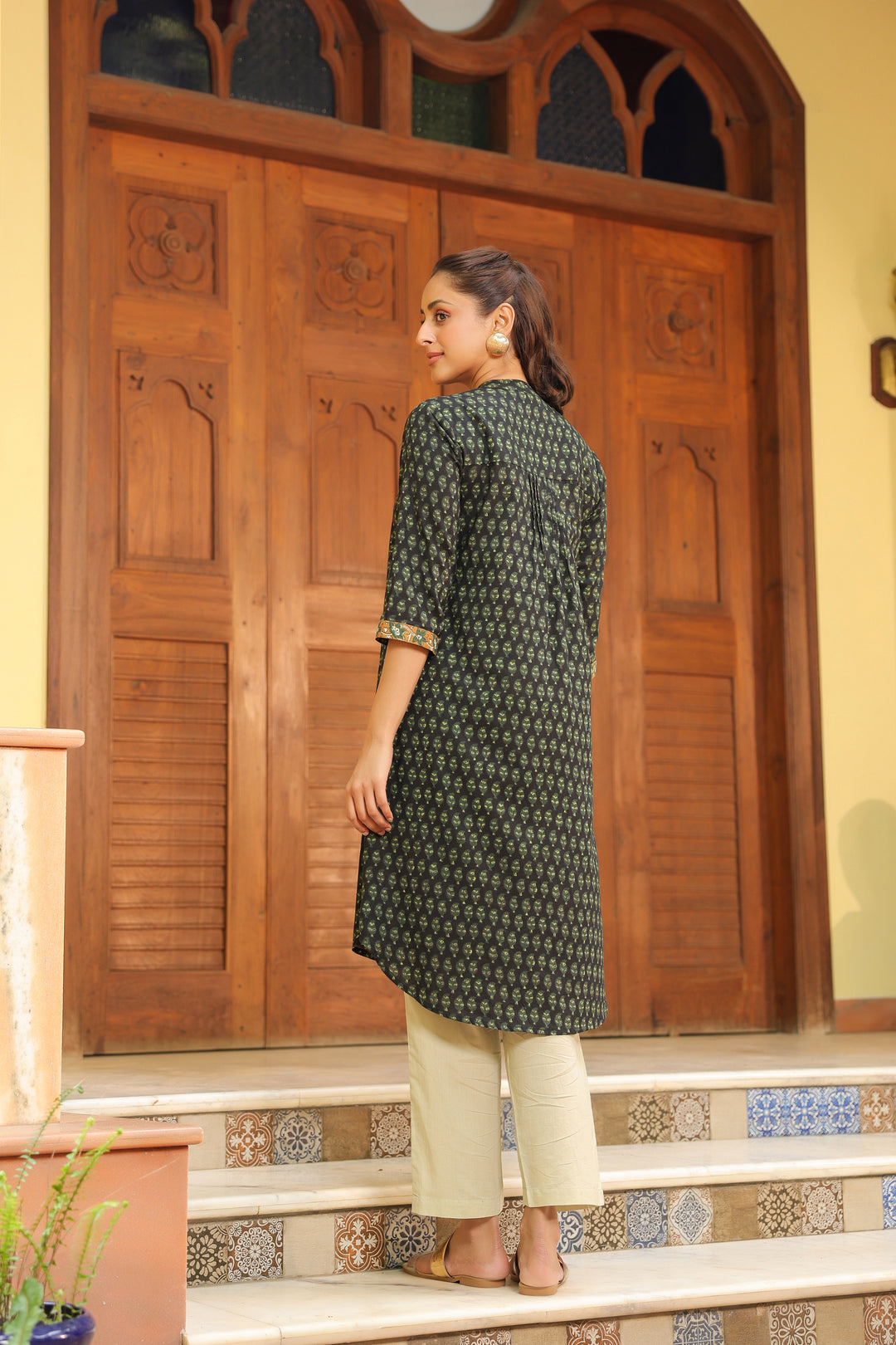 Green Cotton Printed Detailed A-Line Designer Kurta