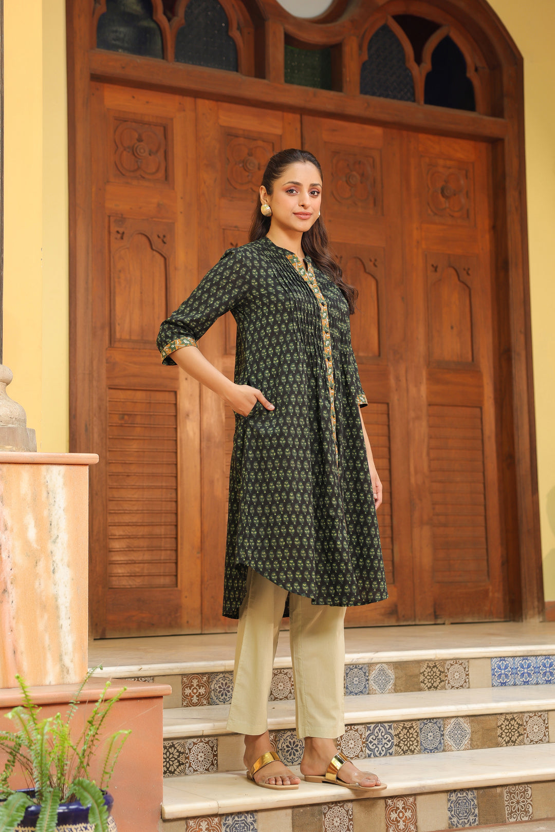 Green Cotton Printed Detailed A-Line Designer Kurta