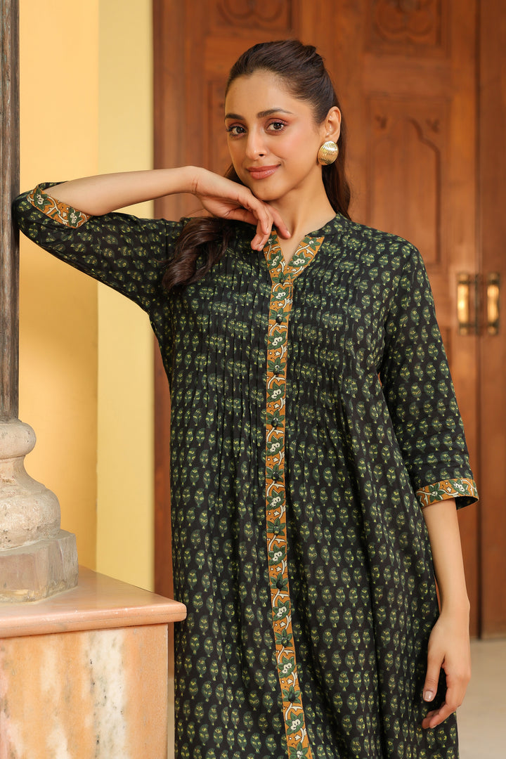 Green Cotton Printed Detailed A-Line Designer Kurta
