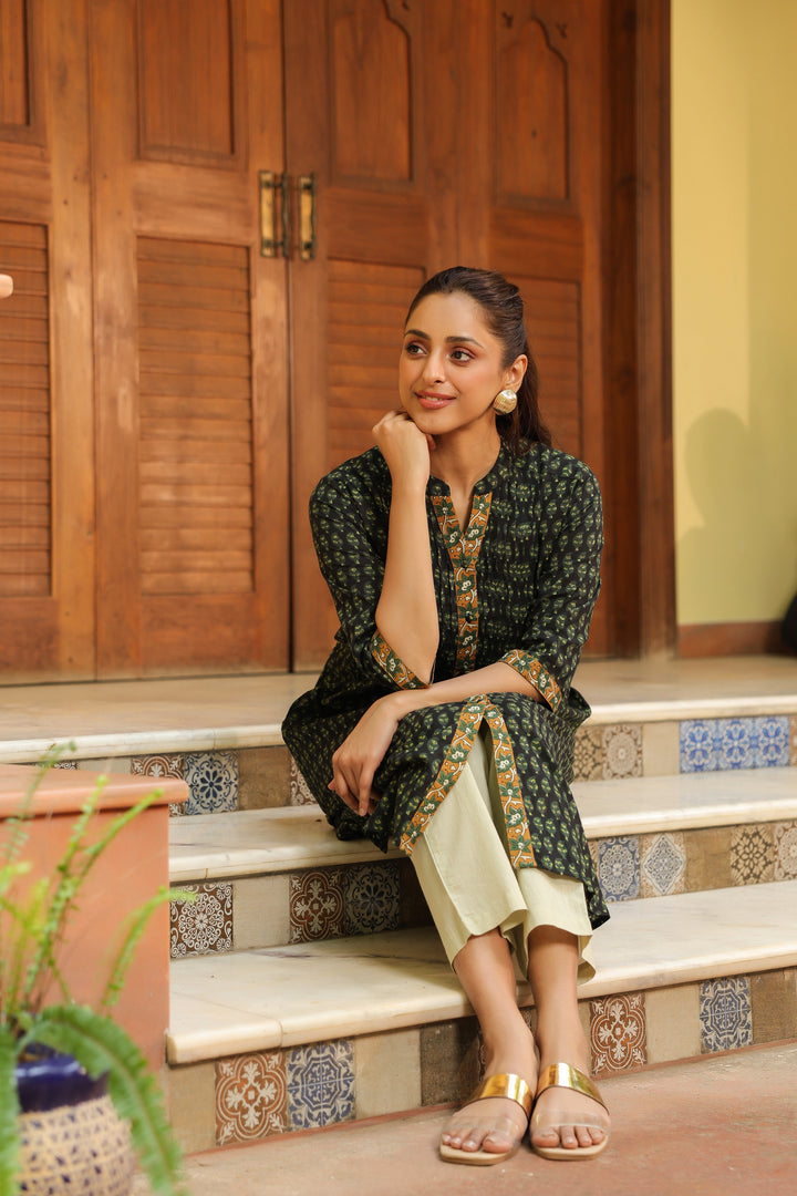 Green Cotton Printed Detailed A-Line Designer Kurta