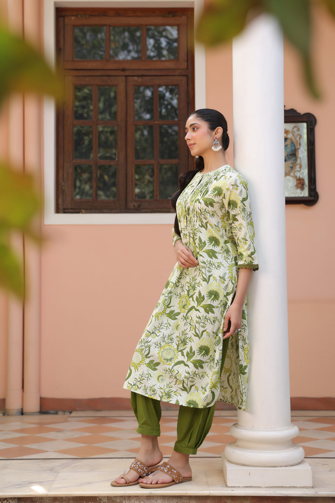 Green Cotton Printed Detailed Kurta Pant Set