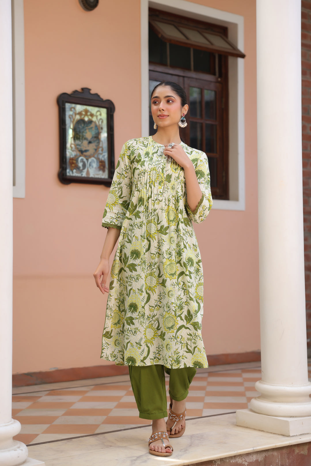 Green Cotton Printed Detailed Kurta Pant Set