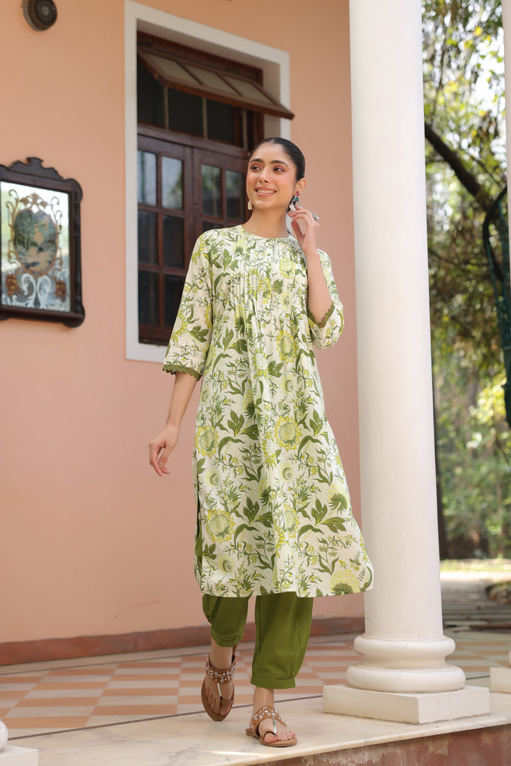 Green Cotton Printed Detailed Kurta Pant Set