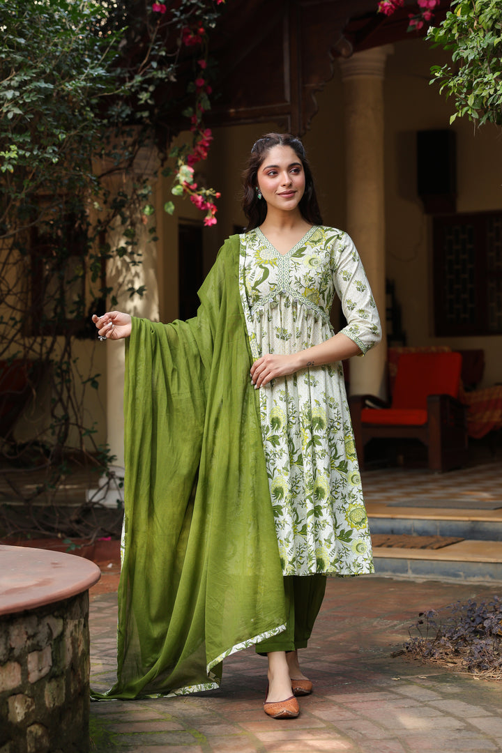 Green Cotton Printed Kurta Pant Dupatta