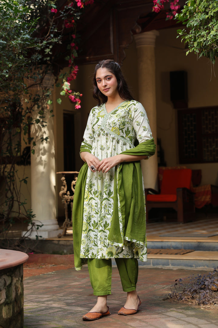 Green Cotton Printed Kurta Pant Dupatta