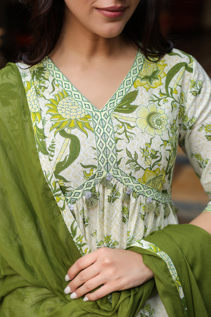 Green Cotton Printed Kurta Pant Dupatta