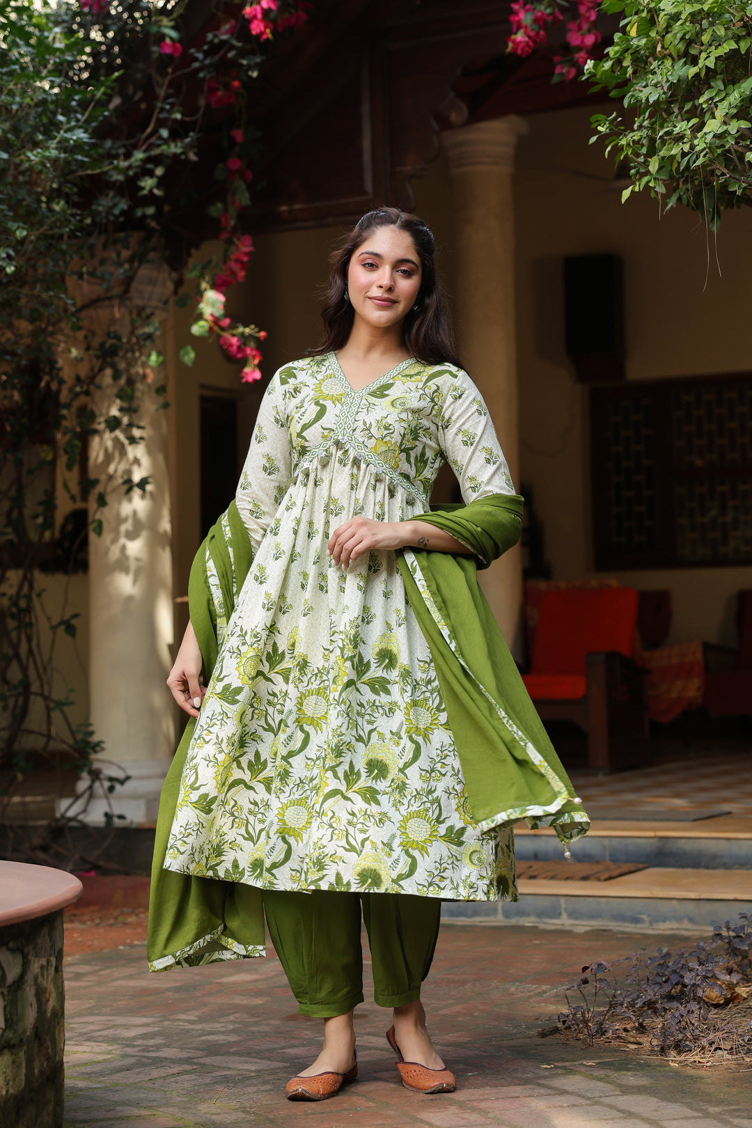 Green Cotton Printed Kurta Pant Dupatta