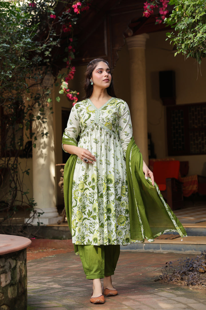 Green Cotton Printed Kurta Pant Dupatta