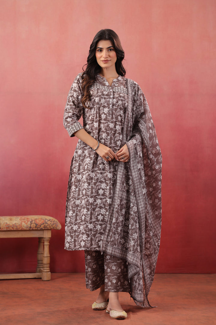 Grey Cotton Embroidered Kurta Pant Set With Dupatta