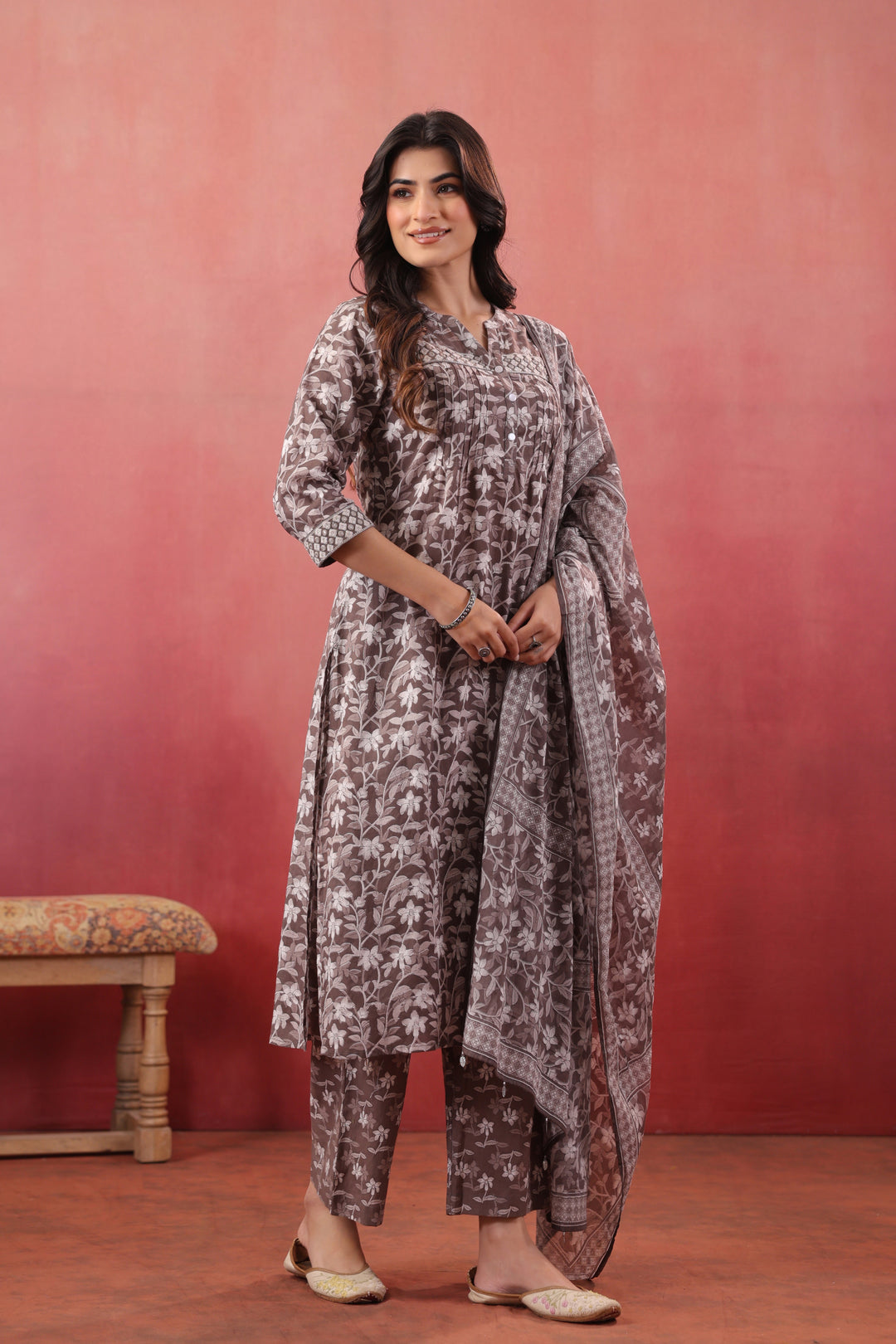 Grey Cotton Embroidered Kurta Pant Set With Dupatta