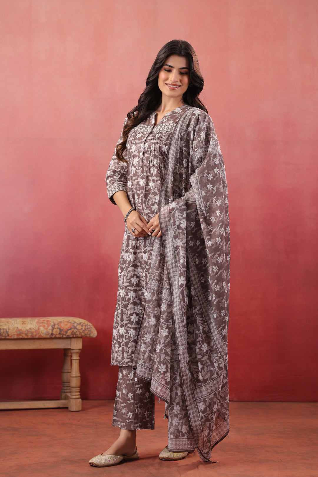 Grey Cotton Embroidered Kurta Pant Set With Dupatta