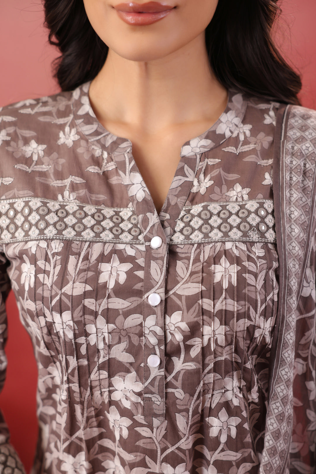 Grey Cotton Embroidered Kurta Pant Set With Dupatta