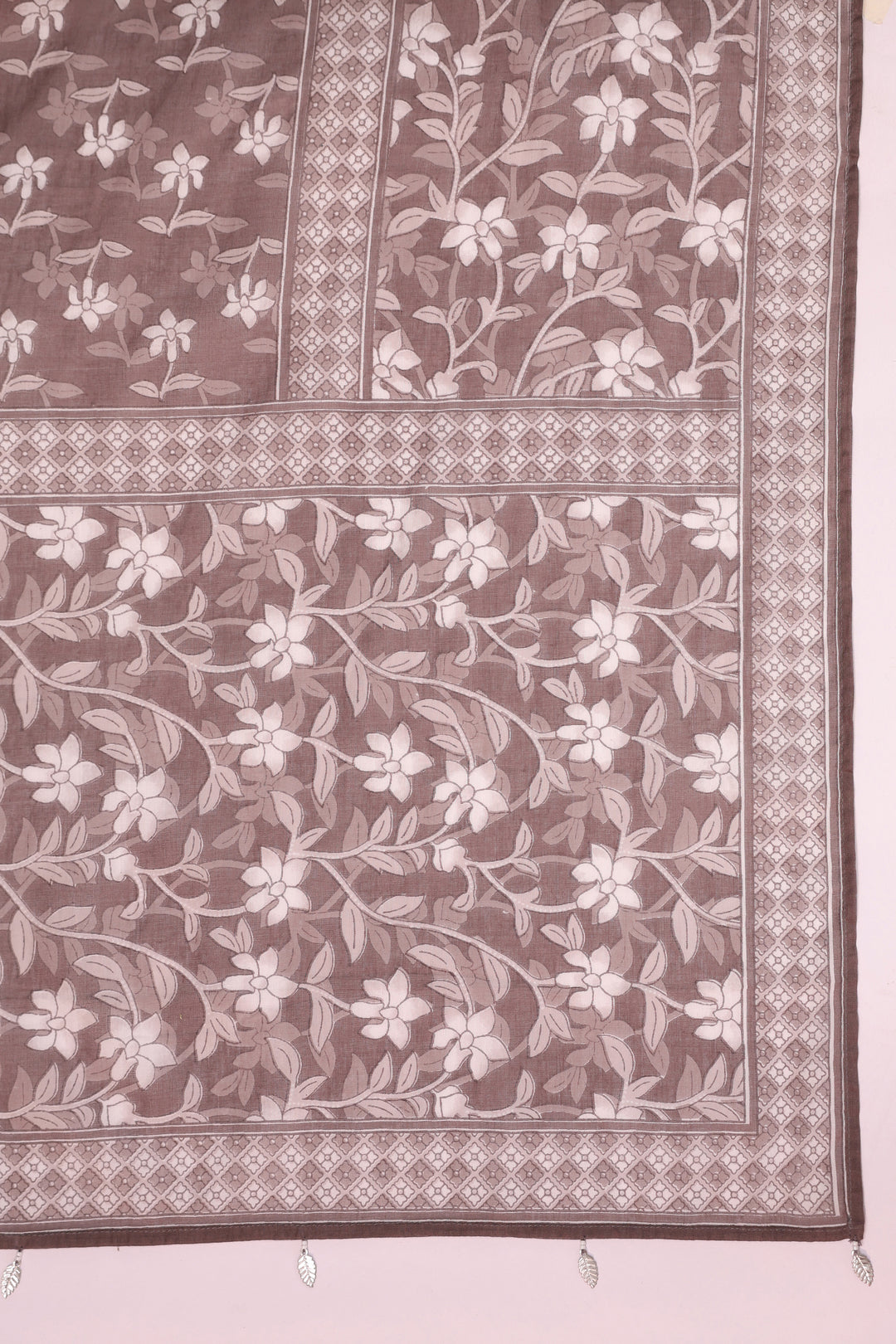 Grey Cotton Embroidered Kurta Pant Set With Dupatta
