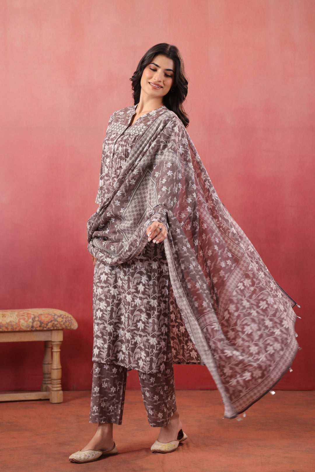 Grey Cotton Embroidered Kurta Pant Set With Dupatta