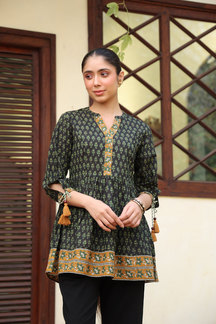 Green Cotton Printed A-Line Designer Top