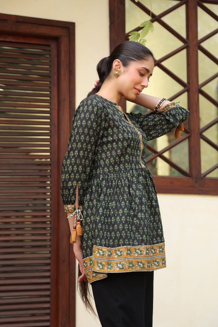 Green Cotton Printed A-Line Designer Top