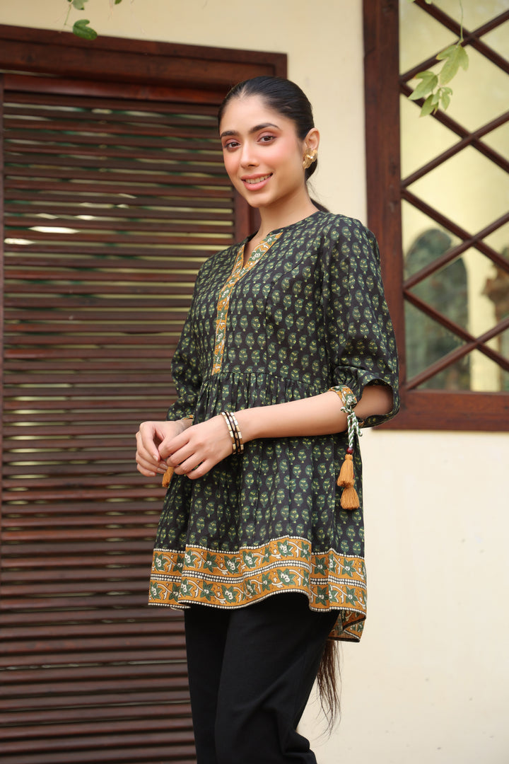 Green Cotton Printed A-Line Designer Top