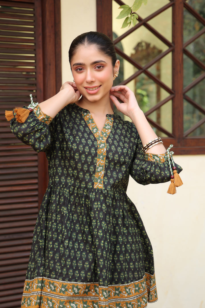 Green Cotton Printed A-Line Designer Top