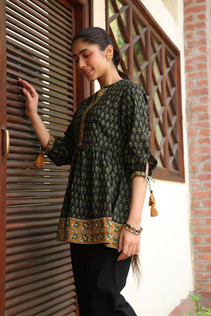 Green Cotton Printed A-Line Designer Top