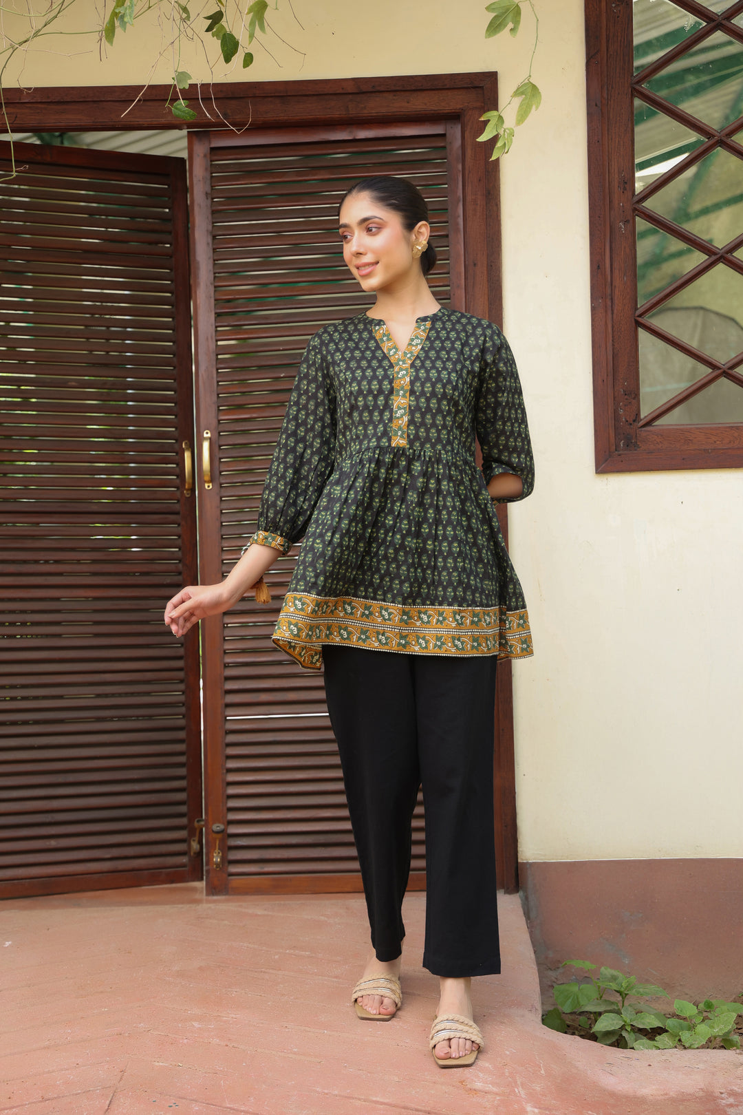 Green Cotton Printed A-Line Designer Top