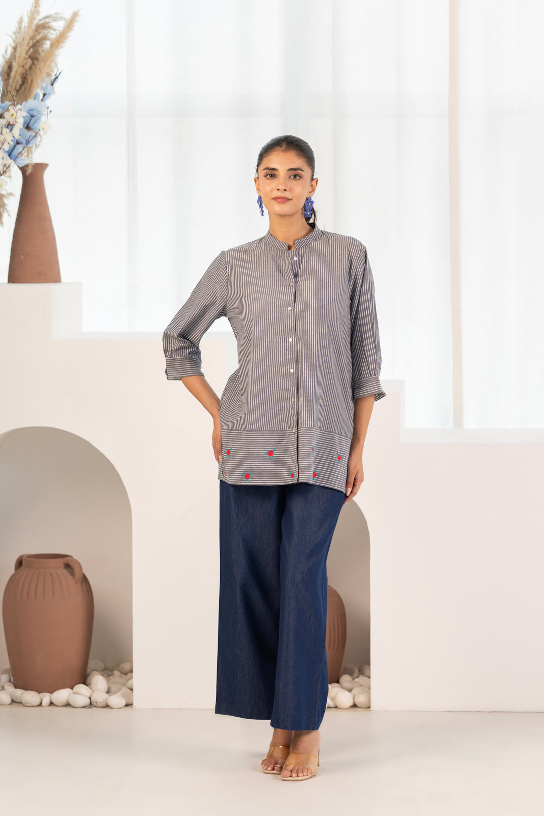 Grey Cotton Yarn Dyed Embroidered Shirt Top