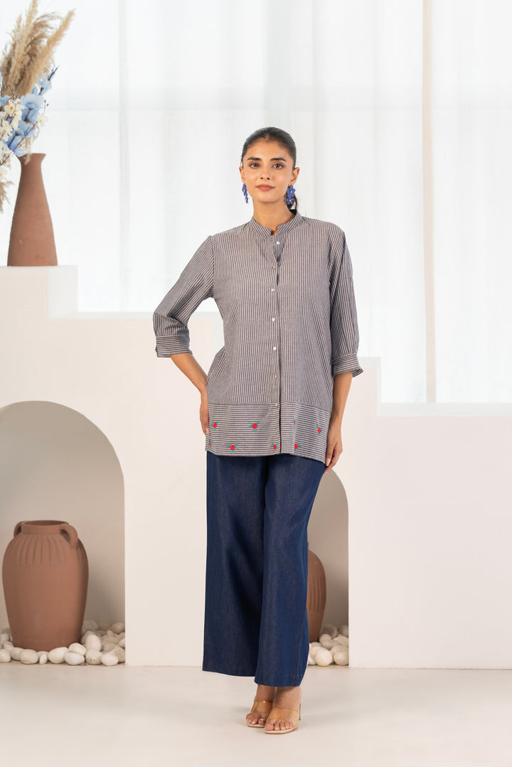 Grey Cotton Yarn Dyed Embroidered Shirt Top