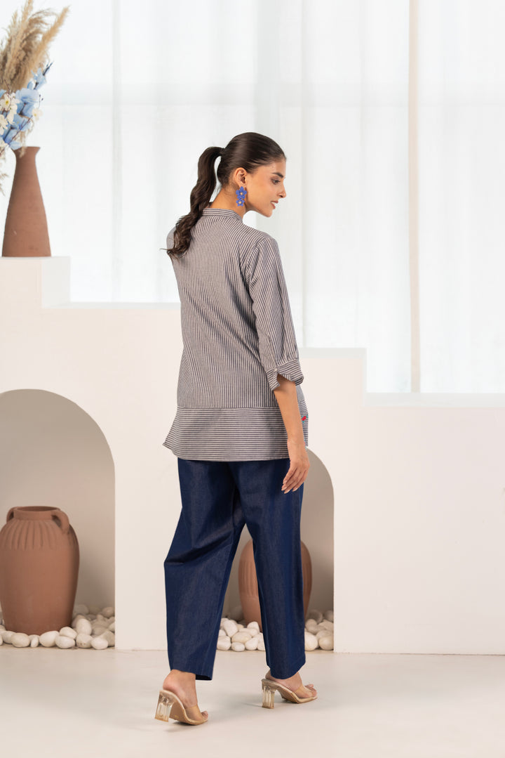 Grey Cotton Yarn Dyed Embroidered Shirt Top