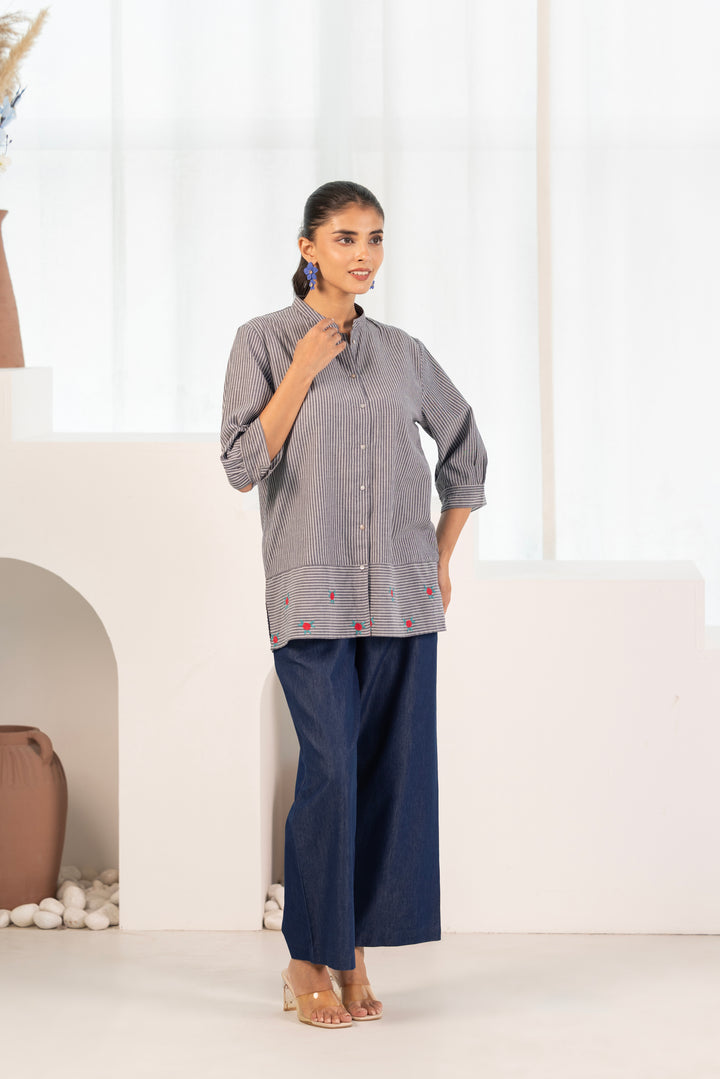 Grey Cotton Yarn Dyed Embroidered Shirt Top