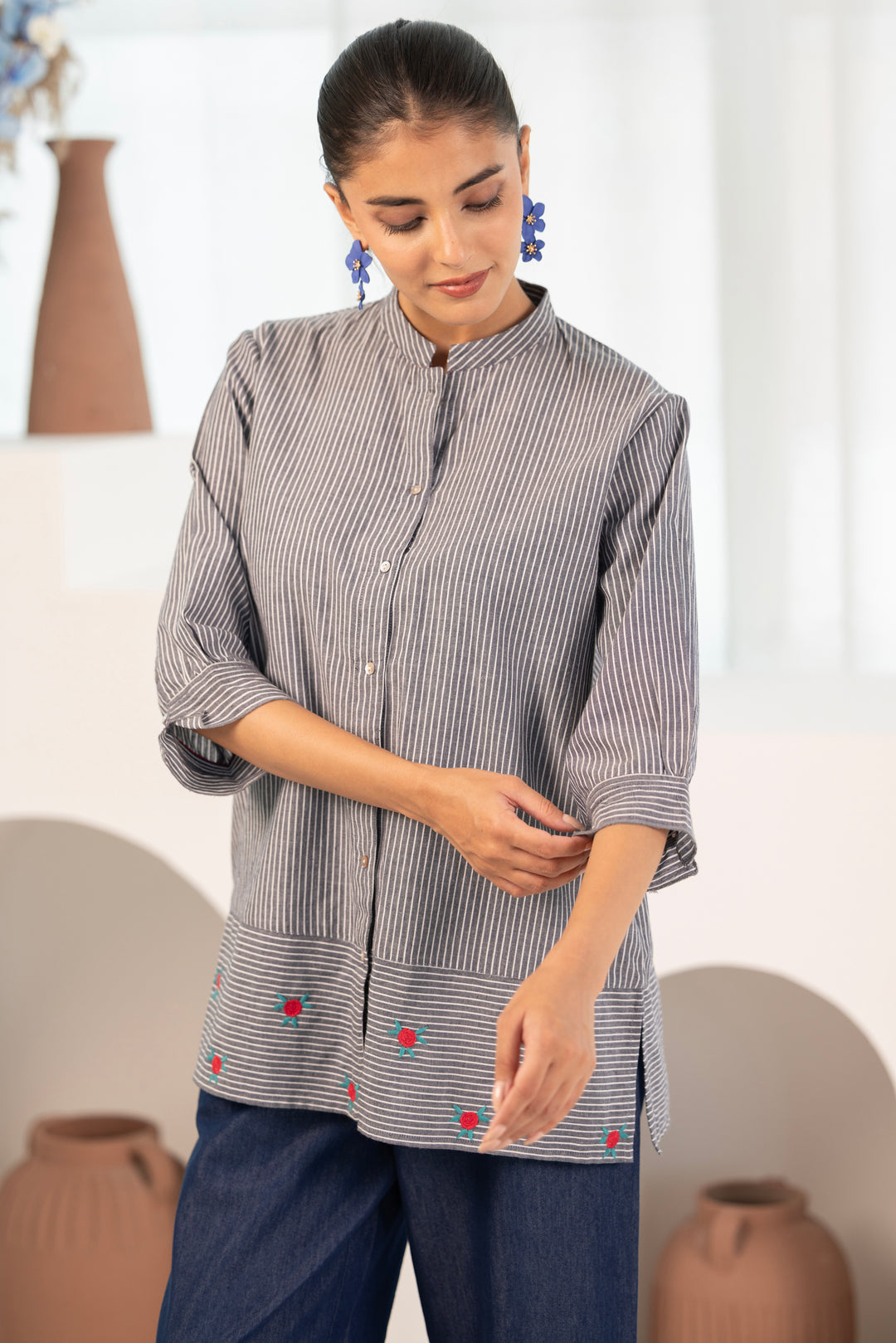 Grey Cotton Yarn Dyed Embroidered Shirt Top