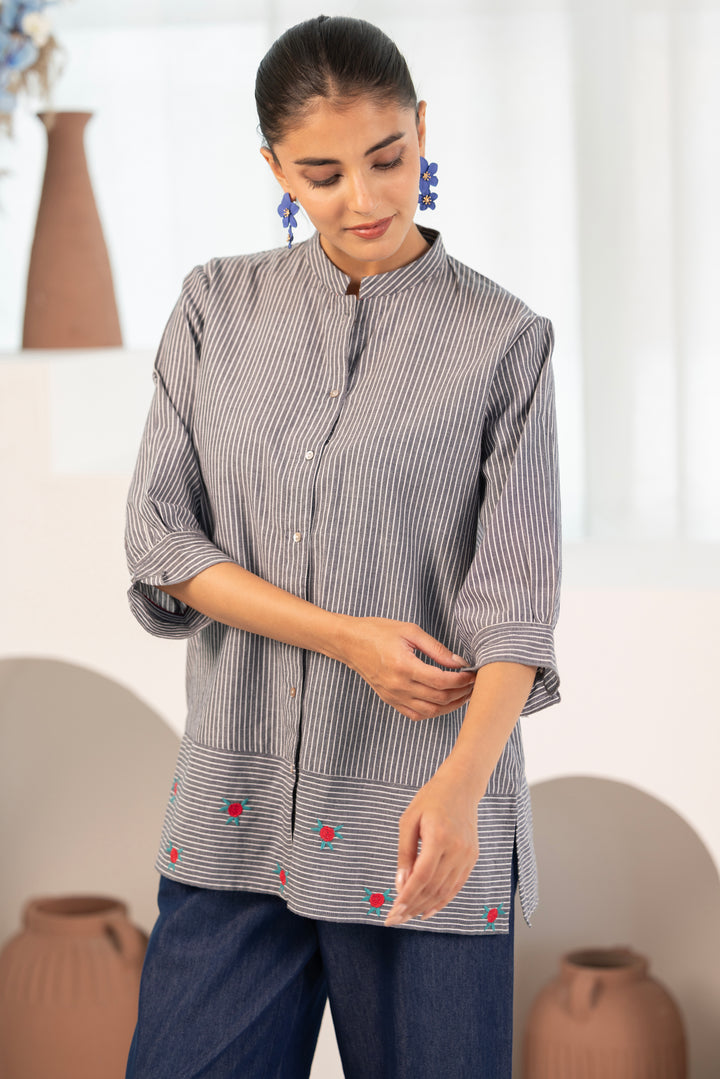 Grey Cotton Yarn Dyed Embroidered Shirt Top