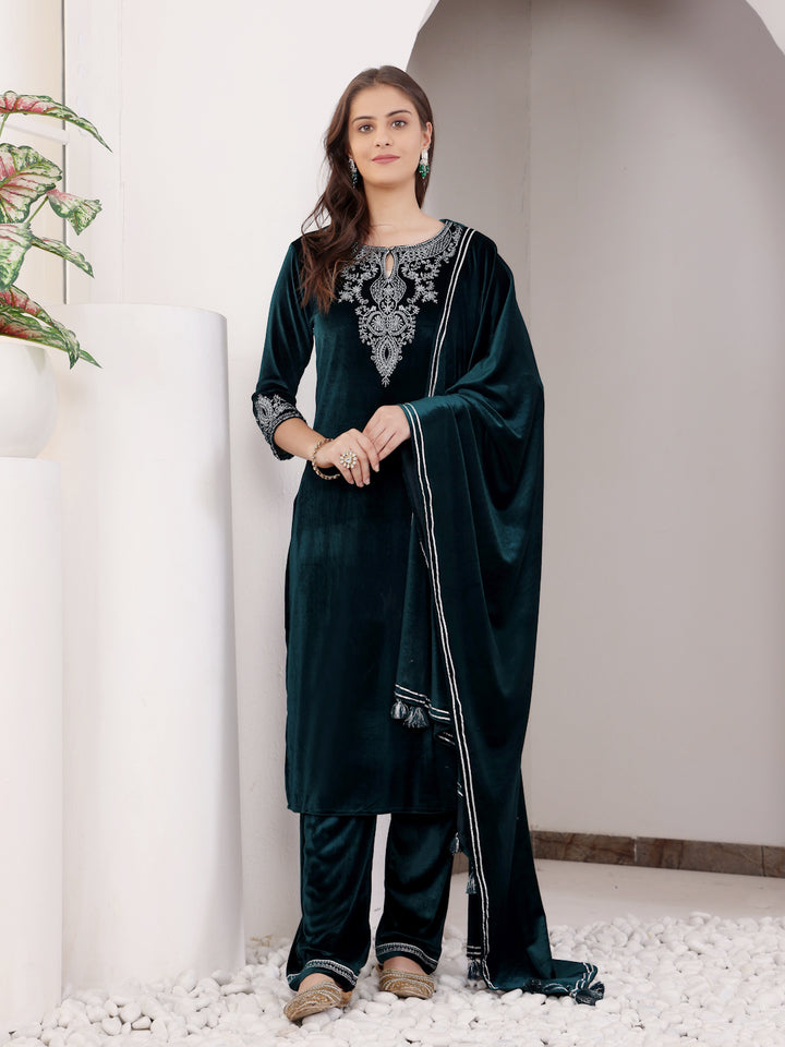 Green Velvet embroidered Suit Set With Dupatta