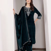 Green Velvet embroidered Suit Set With Dupatta