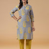 Grey Cotton Printed Mandarin Collar Kurta Pant Set