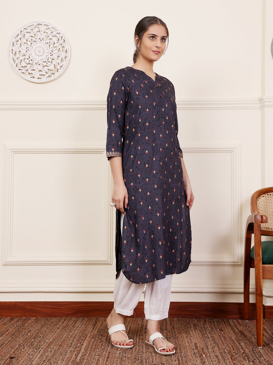 Grey Viscose Rayon printed Straight Kurti