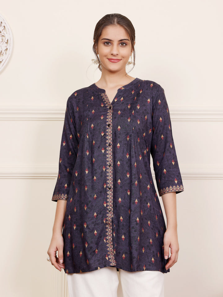 Grey Viscose Rayon printed Short Kurti