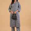 Grey Cotton Printed Shirt Collar Kurta Pant Set