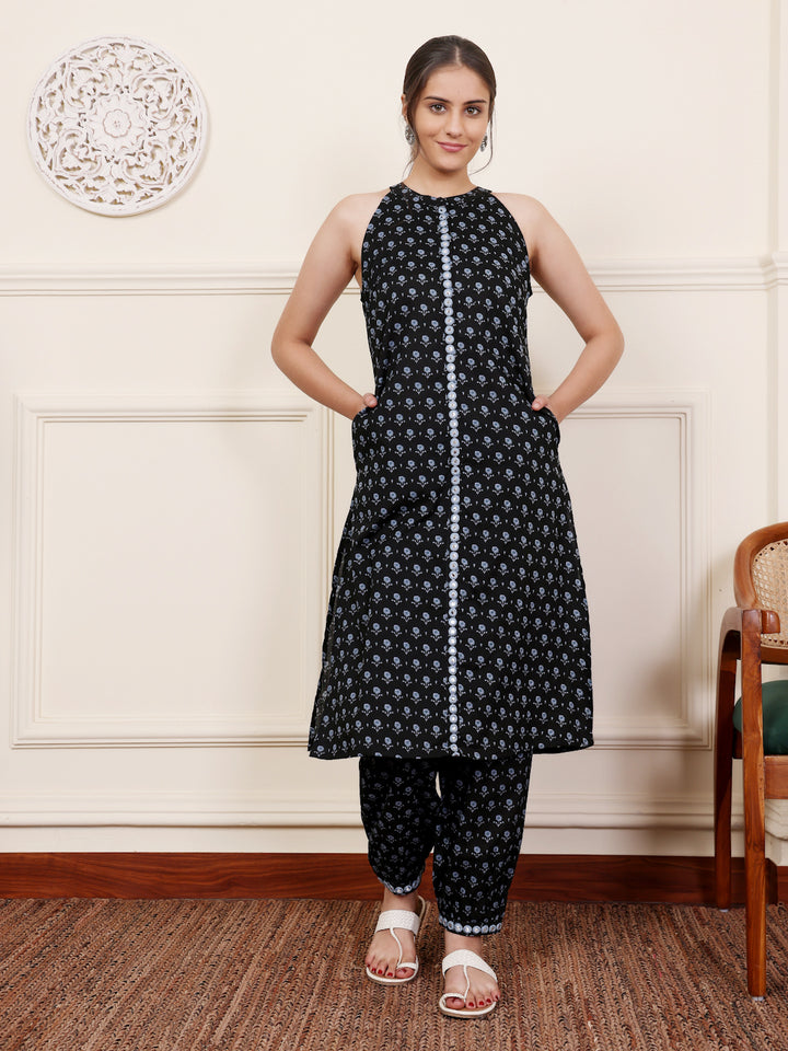 Grey Cotton Printed Sleeveless trendy Kurta Pant Set