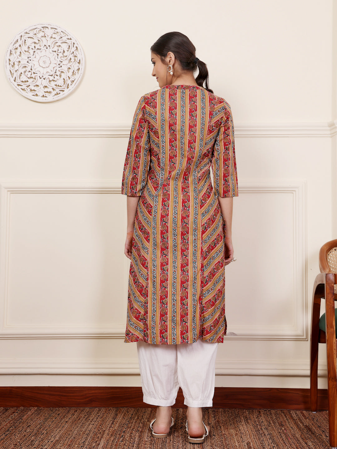 Red Cotton Mandarin Collar Straight Kurta