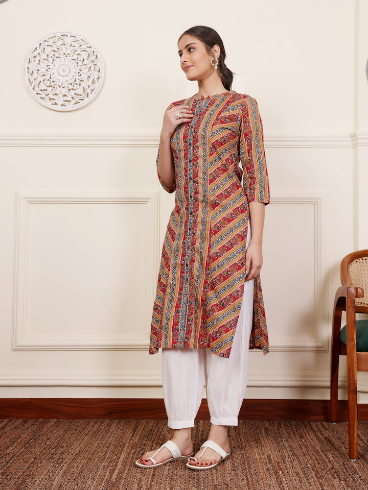 Red Cotton Mandarin Collar Straight Kurta