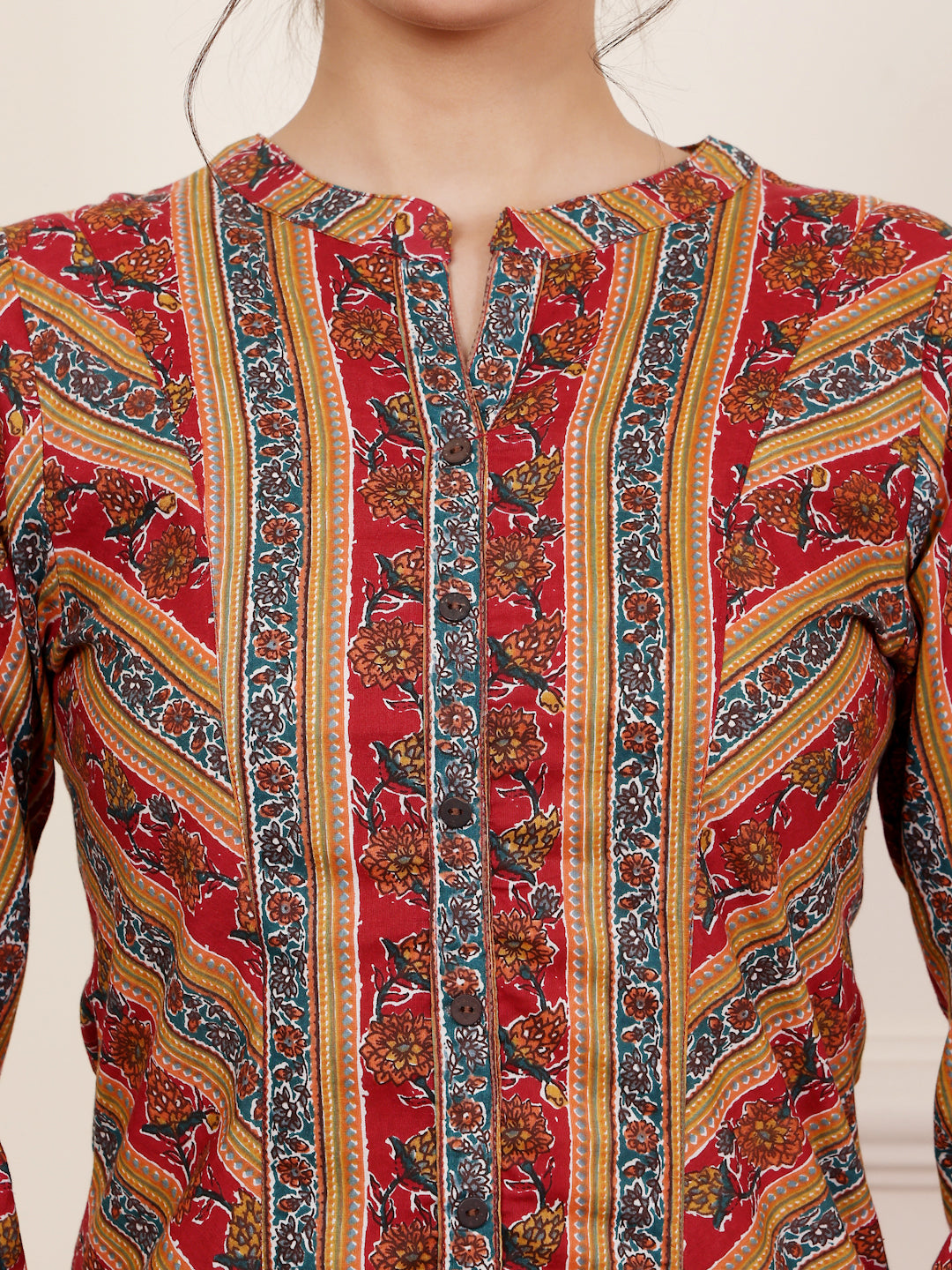 Red Cotton Mandarin Collar Straight Kurta