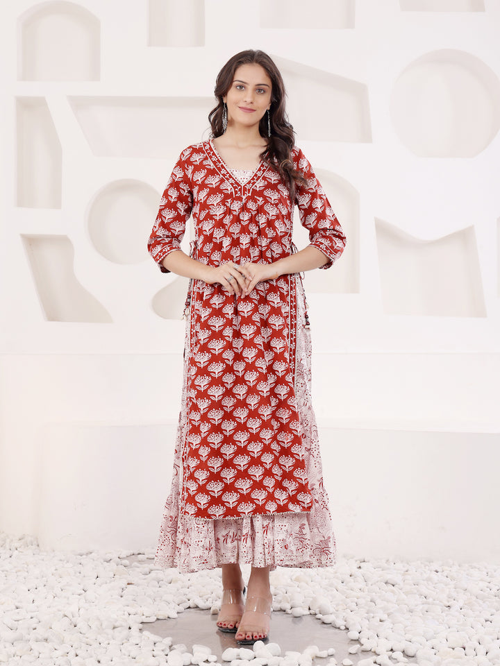 Rust Block Printed Layered Kurta With Tiered Inner