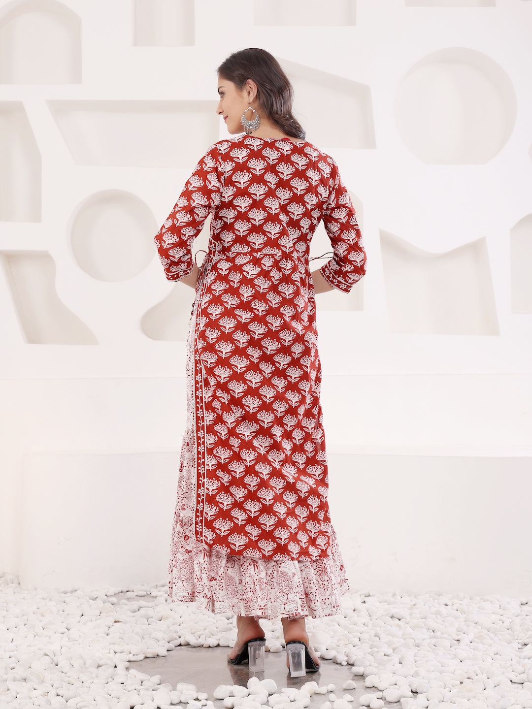 Rust Block Printed Layered Kurta With Tiered Inner