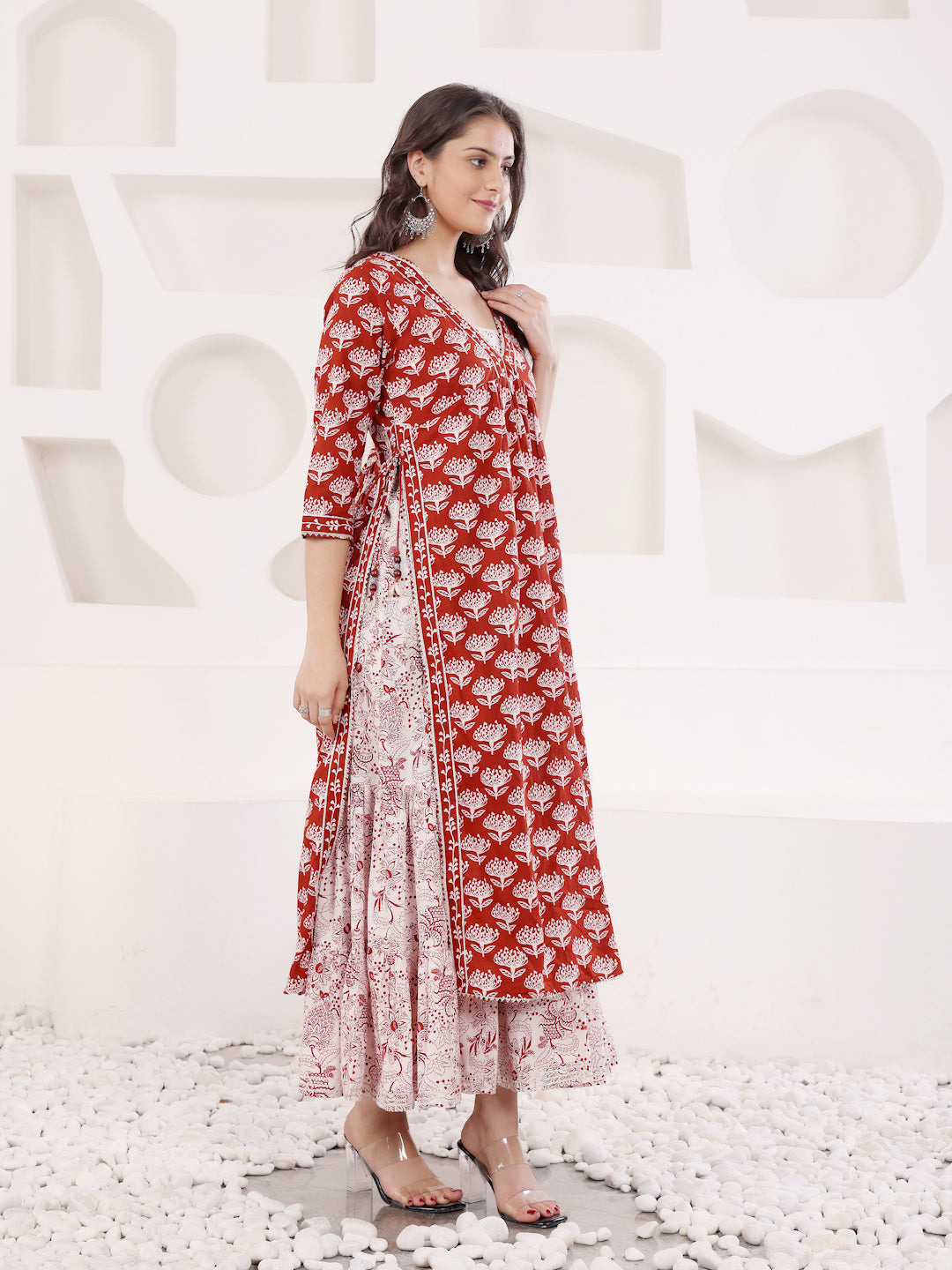 Rust Block Printed Layered Kurta With Tiered Inner