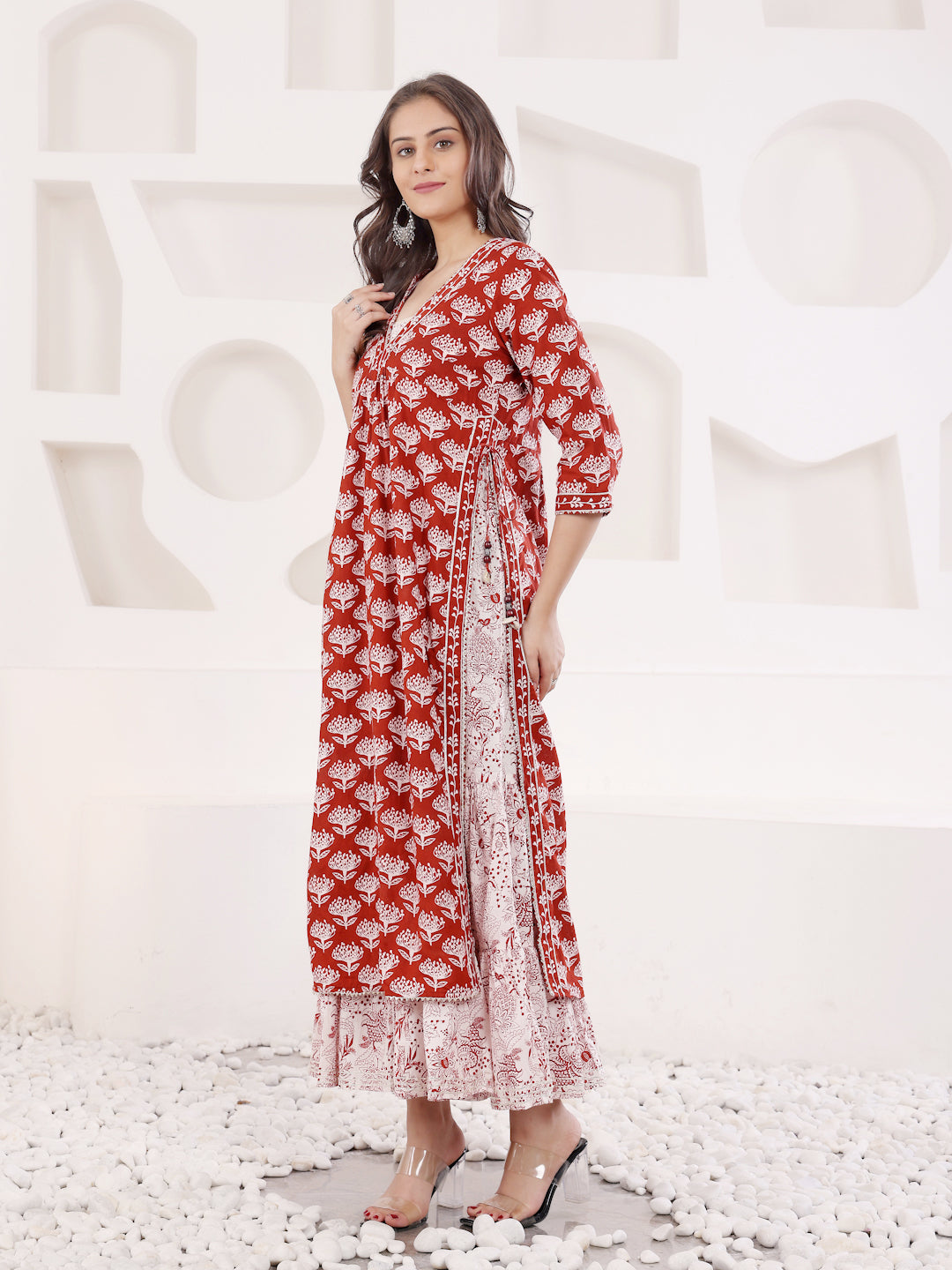 Rust Block Printed Layered Kurta With Tiered Inner