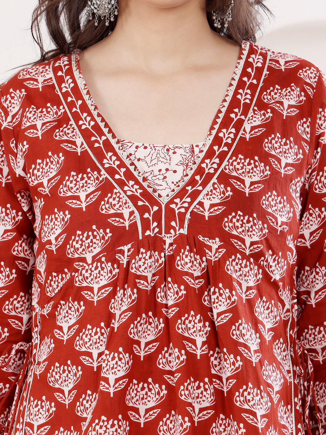 Rust Block Printed Layered Kurta With Tiered Inner