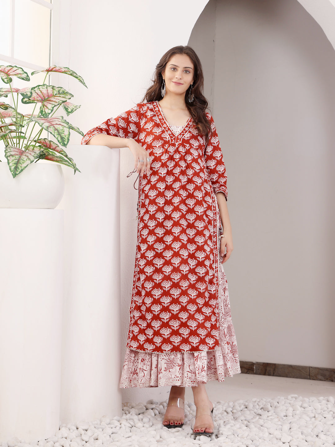 Rust Block Printed Layered Kurta With Tiered Inner