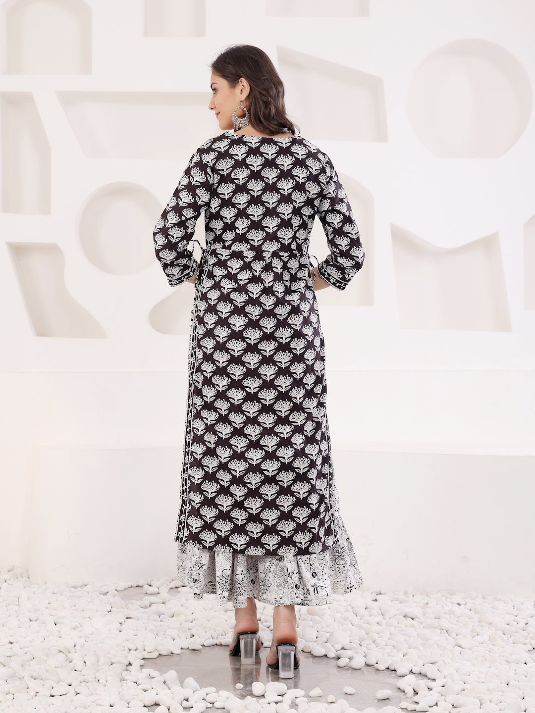 Black Block Printed Layered Kurta With Tiered Inner