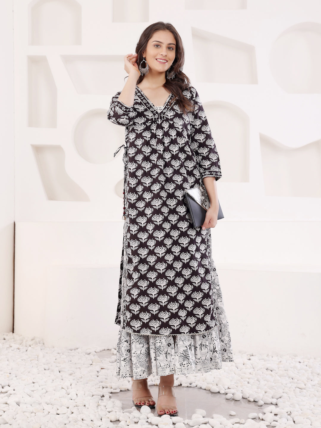 Black Block Printed Layered Kurta With Tiered Inner